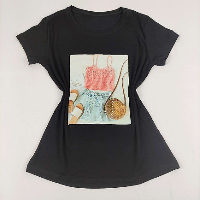 Camiseta Feminina T-Shirt Preta com Strass Estampa Conjuntinho Verão