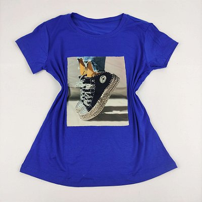 Camiseta Feminina T-Shirt Azul Royal com Strass Estampa Tênis Star Preto