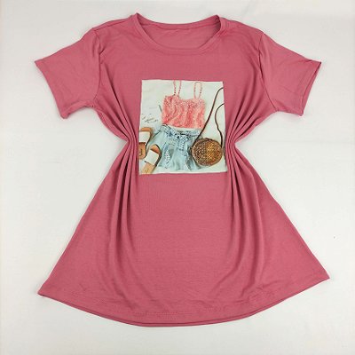 Camiseta Feminina T-Shirt Rosa Escuro com Strass Estampa Conjuntinho Verão