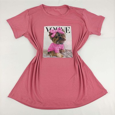 Camiseta Feminina T-Shirt Rosa Escuro com Strass Estampa Yorkshire Rosa
