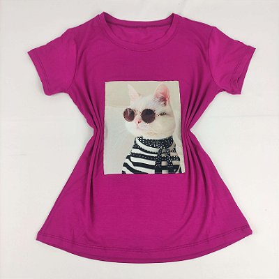 Camiseta Feminina T-Shirt Fucsia Roxo com Strass Estampa Tênis Rosa
