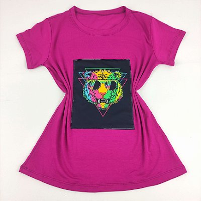 Camiseta Feminina T-Shirt Fucsia Roxo com Strass Estampa Tigre Vibes Colorido