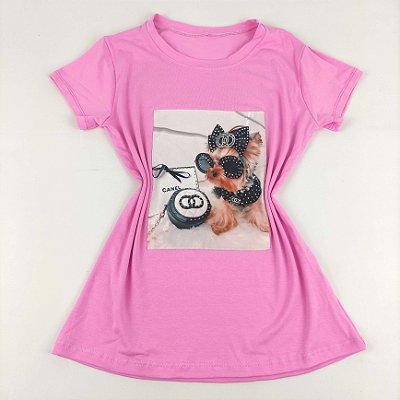Camiseta Feminina T-Shirt Rosa Chiclete com Strass Estampa Cachorrinho Chique