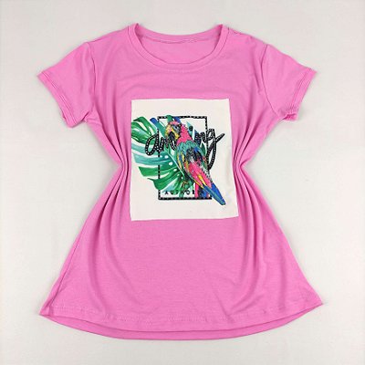 Camiseta Feminina T-Shirt Rosa Chiclete com Strass Estampa Arara Amazing