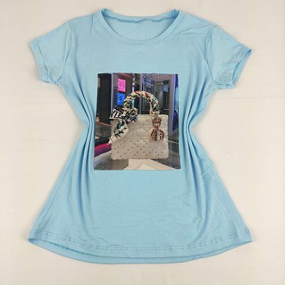 Camiseta Feminina T-Shirt Azul Claro Bebê com Strass Estampa Bolsa Laço