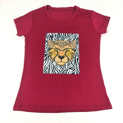 Camiseta Feminina T-Shirt Marsala com Strass Estampa Onça Zebra