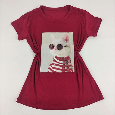 Camiseta Feminina T-Shirt Marsala com Strass Estampa Gato de Óculos