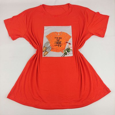 Camiseta Feminina T-Shirt Laranja com Strass Estampa I Have Cats