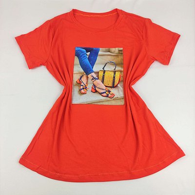 Camiseta Feminina T-Shirt Laranja com Strass Estampa Sandália Laranja