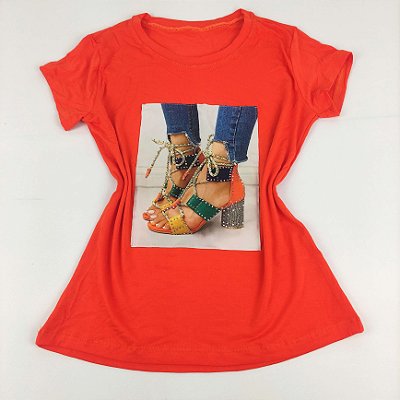 Camiseta Feminina T-Shirt Laranja com Strass Estampa Sandália Laranja