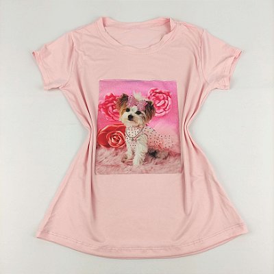 Camiseta Feminina T-Shirt Rosa Claro Bebê com Strass Estampa Cachorrinha com Flores
