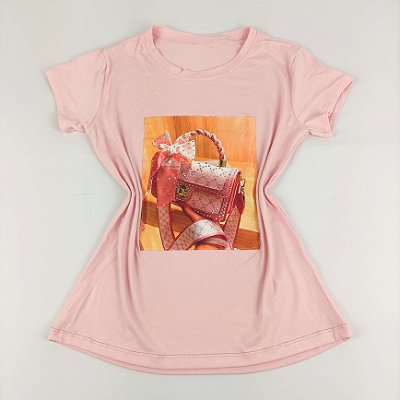 Camiseta Feminina T-Shirt Rosa Claro Bebê com Strass Estampa Bolsa Rosa
