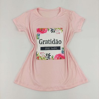 Camiseta Feminina T-Shirt Rosa Claro Bebê com Strass Estampa Gratidão por Tudo