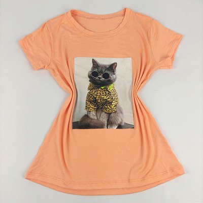 Camiseta Feminina T-Shirt Coral Laranja Claro com Strass Estampa Gato de Óculos