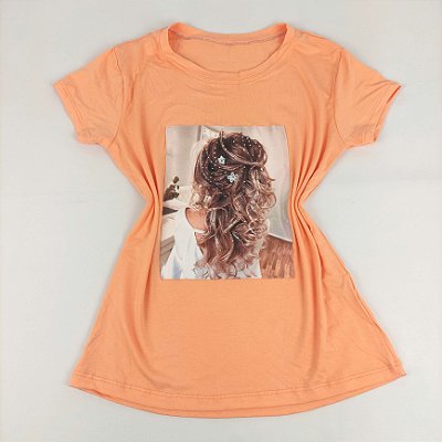 Camiseta Feminina T-Shirt Coral Laranja Claro com Strass Estampa Mulher Costas