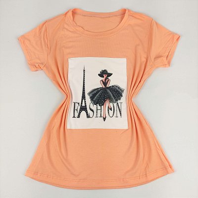 Camiseta Feminina T-Shirt Coral Laranja Claro com Strass Estampa Torre Fashion