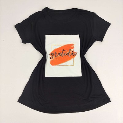 Camiseta Feminina T-Shirt Preta com Strass Estampa Gratidão Laranja