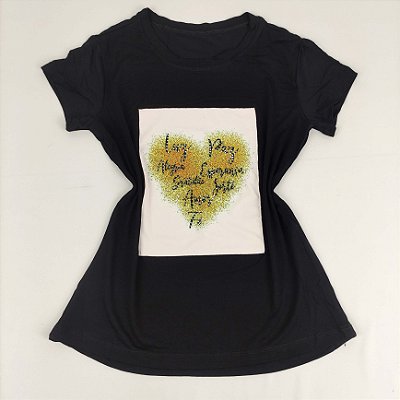 Camiseta Feminina T-Shirt Preta com Strass Estampa Coração Dourado Luz Paz Alegria