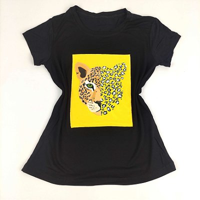Camiseta Feminina T-Shirt Preta com Strass Estampa Onça Amarela