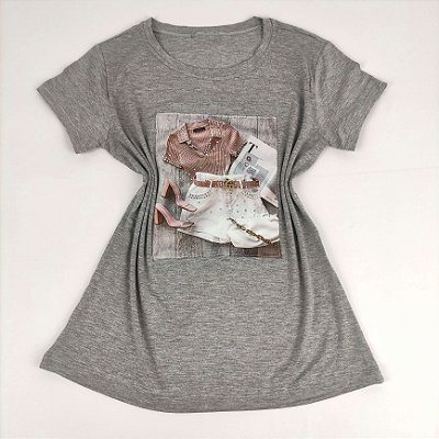 Camiseta Feminina T-Shirt Cinza Mescla com Strass Estampa Look Luxo Rose