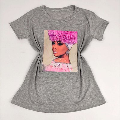 Camiseta Feminina T-Shirt Cinza Mescla com Strass Estampa Power Girl Detalhes em Pink