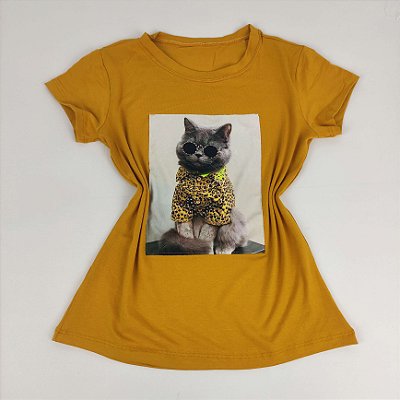 Camiseta Feminina T-Shirt Mostarda com Strass Estampa Gato Cinza Estiloso