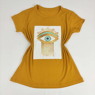 Camiseta Feminina T-Shirt Mostarda com Strass Estampa Olho Grego Dourado