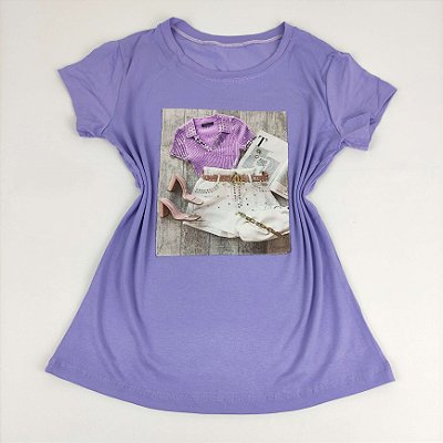 Camiseta Feminina T-Shirt Lilás com Strass Estampa Look Luxo Lilás
