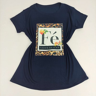 Camiseta Feminina T-Shirt Marinho com Strass Estampa Fé Todos Os Dias