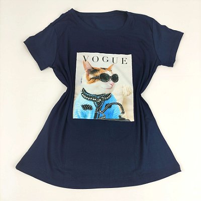 Camiseta Feminina T-Shirt Marinho com Strass Estampa Gatinho Casaco Azul