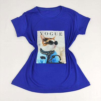 Camiseta Feminina T-Shirt Azul Royal com Strass Estampa Gatinho Casaco Azul