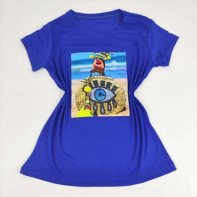 Camiseta Feminina T-Shirt Azul Royal com Strass Estampa Olho Grego Praia