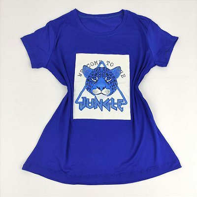 Camiseta Feminina T-Shirt Azul Royal com Strass Estampa Onça Jungle Azul