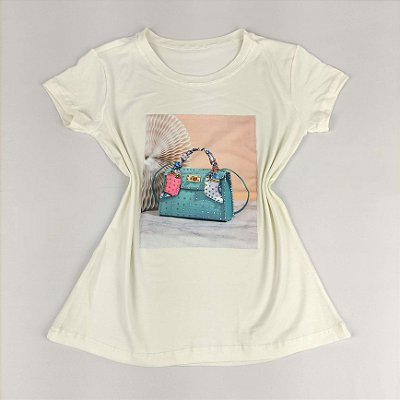 Camiseta Feminina T-Shirt Off White com Strass Estampa Bolsa Verde Água de Luxo