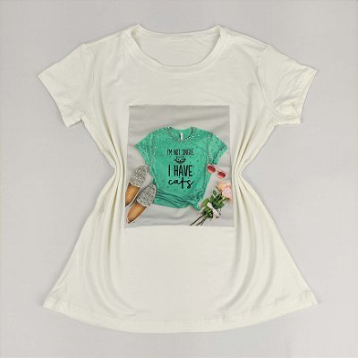 Camiseta Feminina T-Shirt Off White com Strass Estampa Conjunto I Have Cats Verde