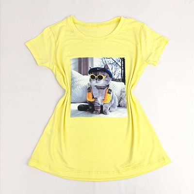 Camiseta Feminina T-Shirt Amarelo Bebê com Strass Estampa Gato Boxe
