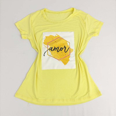 Camiseta Feminina T-Shirt Amarelo Bebê com Strass Estampa Amor Amarelo