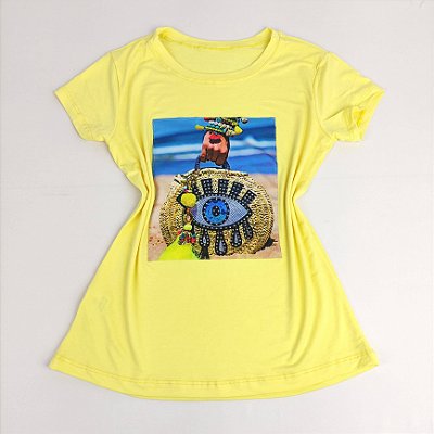 Camiseta Feminina T-Shirt Amarelo Bebê com Strass Estampa Olho Grego Praia
