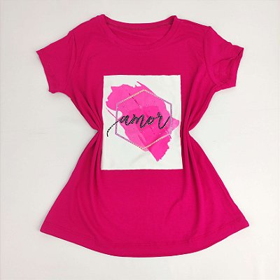 Camiseta Feminina T-Shirt Pink com Strass Estampa Amor Pink
