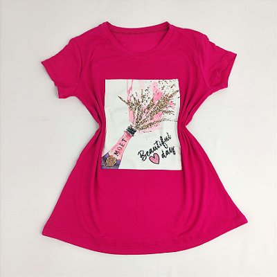 Camiseta Feminina T-Shirt Pink com Strass Estampa Champanhe Beautiful Day