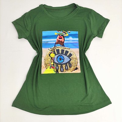Camiseta Feminina T-Shirt Verde Militar com Strass Estampa Olho Grego Praia
