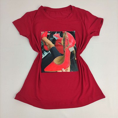 Camiseta Feminina T-Shirt Vermelho com Strass Estampa Scarpin Vermelho Luxo