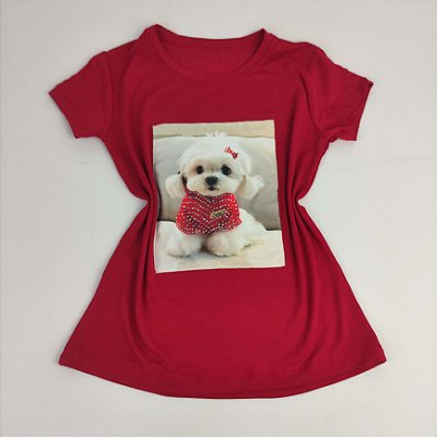 Camiseta Feminina T-Shirt Vermelho com Strass Estampa Cachorro Fofo Vermelho