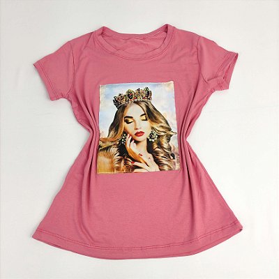 Camiseta Feminina T-Shirt Rosa Escuro com Strass Estampa Princesa Coroa