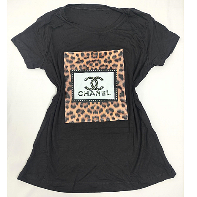 Camiseta Feminina T-Shirt Preta Estampa com Onça