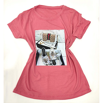 Camiseta Feminina T-Shirt Rosa Escuro Estampa Conjunto Branco