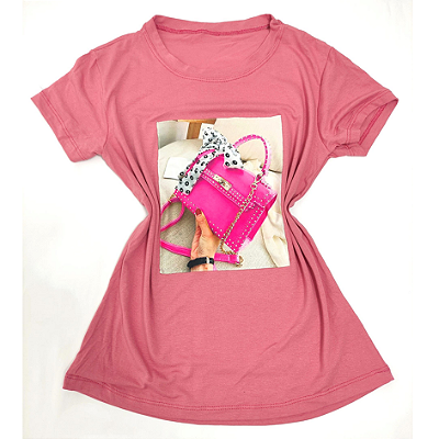 Camiseta Feminina T-Shirt Rosa Escuro Estampa Bolsa Pink