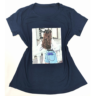 Camiseta Feminina T-Shirt Azul Marinho Estampa Mulher Jeans