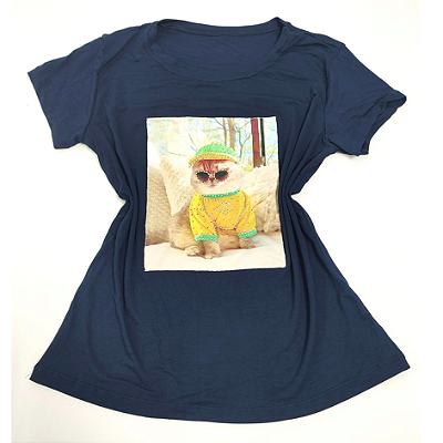Camiseta Feminina T-Shirt Azul Marinho Gatinho Roupas Verde e Amarelo
