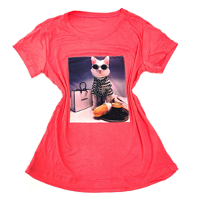 Camiseta Feminina T-Shirt Coral Gatinho Café e Bolsa
